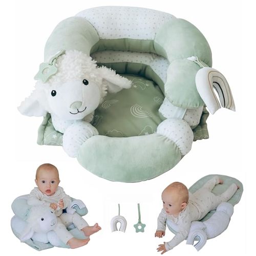 2-in-1 Tummy Time Mat and Seated Support with Sensory Toys – for Newborns and Babies – Includes Detachable Cushion for Supervised Play & Head/Neck Development (Sage)