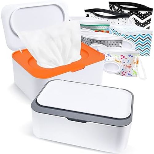 8Pcs Baby Wipes Dispenser, Reusable Baby Wipe Holder Box and Portable Wet Wipes Pouch, Refillable Wipes Pouch Case Container with Lid for Bathroom Baby Nursery Kitchen Office Travel (Grey+Orange)