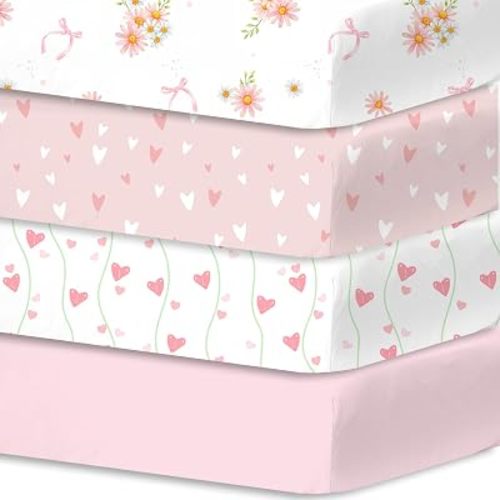 Plushii 4PK Girls Crib Sheets, Microfiber Mattress Cover, Sweet Daisy