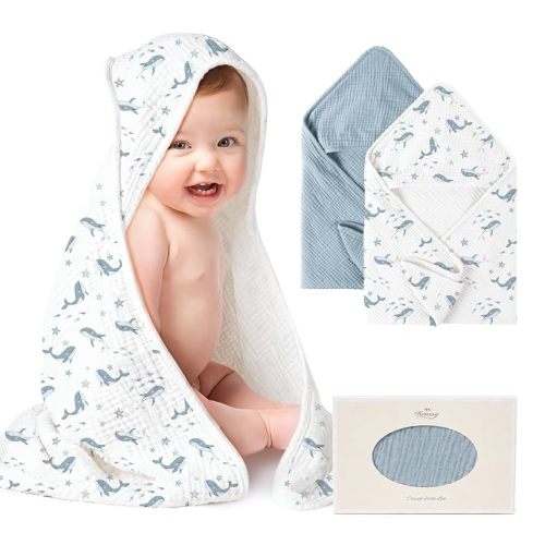 Konssy 2-Pack 100% Muslin Cotton Hooded Baby Bath Towels for Boys and Girls