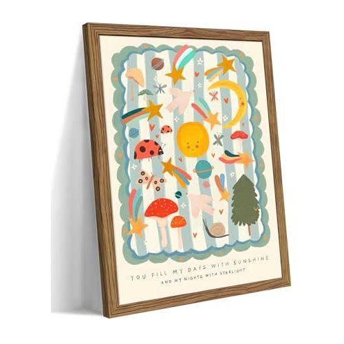 Framed Nursery Wall Art, Kids Inspirational Quote Canvas Wall Decor, Cute Insect Kids Room Prints Painting, Whimsical Sun and Moon Celestial Poster Pictures for Boys and Girls Room 12x16 Inch