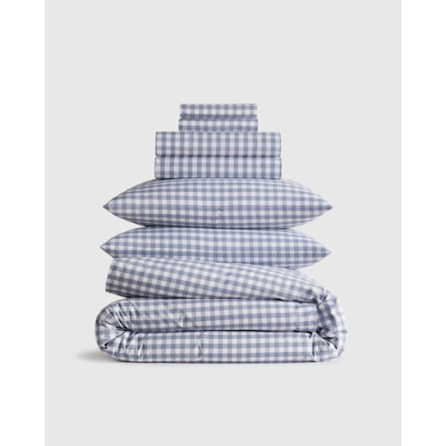 Organic Crisp Percale Gingham Deluxe Bedding Bundle | Quince in Mineral