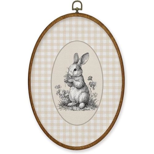 MZKZCHFE Boho Easter Bunny Oval Wall Art Decor, Neutral Plaid Rabbit Oval Canvas Prints Framed, Rustic Farmhouse Rabbit Wall Decor for Nursery Home Bedroom Living Room Decorations, 8.6x11.4 Inches