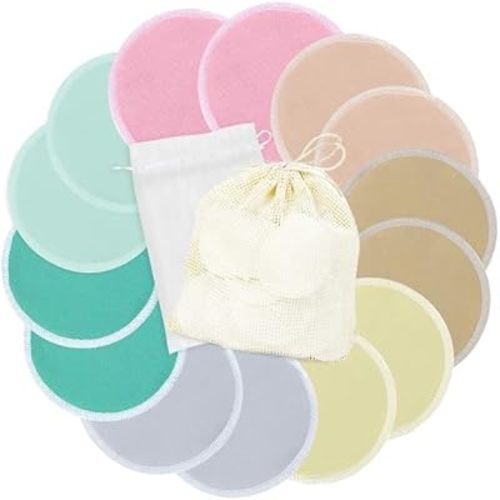 wegreeco Nursing Breast Pads (14 Pack) + Laundry Bag & Travel Storage Bag, 4.7 inch Option - Washable & Reusable Breastfeeding Nursing Pads (Red, Yellow, and Blue, Large, Plain Shape)