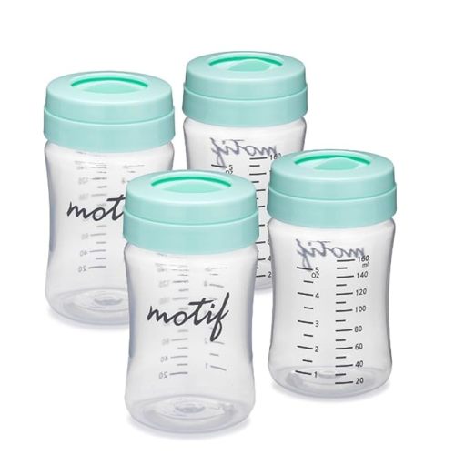 Motif Medical Breast Milk Storage Bottles for Luna Breast Pump - Durable Plastic Breastfeeding Essentials w/Locking Rings, Lids & Nipple Caps - Breast Milk Container (Set of 4, 160 ml)