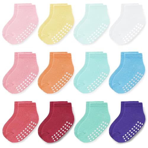 JAKIDAR 12 Pair Baby Toddler Socks Non-Slip Grip Cotton Ankle Socks for Boys Girls Non Skid Soles for Infants Kids
