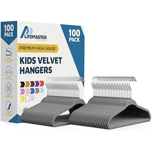 Gray Velvet Kids Hangers 100 Pack, 10.83" Non-Slip Baby & Toddler Hangers for Clothes, Space-Saving Slim ABS Plastic with 360° Swivel Hook & Notched Shoulders, Up to 10 lb Capacity