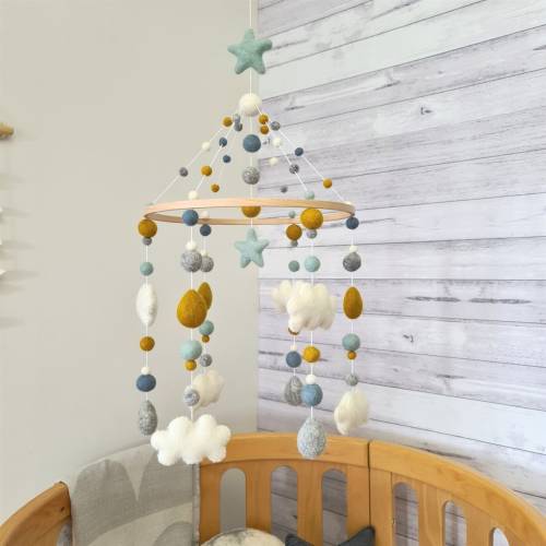 Cloud Baby Mobile, Nursery Mobile Mustard Grey, Cot Mobile, Crib Mobile, Felt Ball Mobile, Cloud Raindrops Mobile, Mobile Nursery, Baby Gift