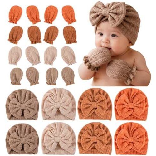 8 Sets Newborn Baby Hats & Mittens Cotton Preemie Infant Bow Beanies Caps Gloves Hospital New Born Boy Girl 0-3 Month