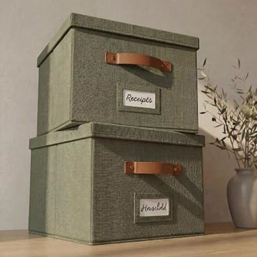 Decorative File Organizer Box Set of 2 - Collapsible Linen Filing Cabinets