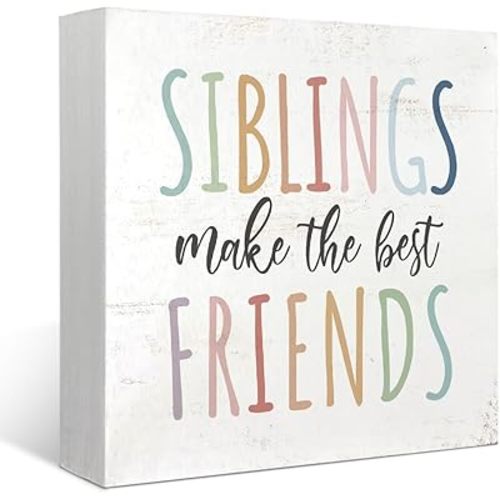Mtrgdn Kids Bathroom Decor,Kids Room Toddler Nursery Bathroom Playroom Bedroom Unisex Decoration Shelf Desk Wall,Siblings Make the Best Friends Wood Box Sign Girl/Boy Shared Room,5x5 Inch