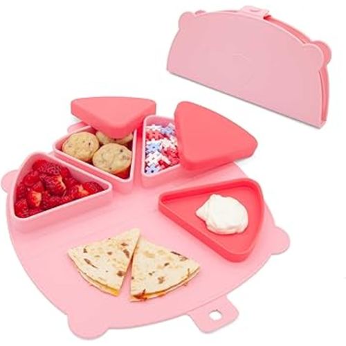 Silicone On-The-Go Snack Mat – Foldable Reusable Placemat with 3 Compartments and Lids – Travel-Friendly Baby and Toddler Snack Plate – Dishwasher Safe (Cotton Candy)