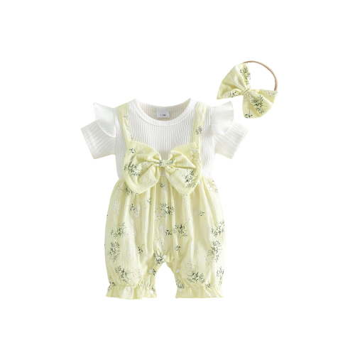 Loicainy Baby Toddler Girl Fake-two Romper 3 6 9 12 18 Months Floral Short Sleeve Jumpsuit and Bow Headband 2 Piece Set