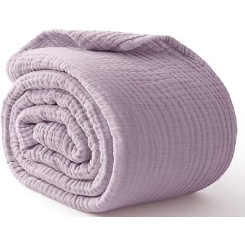 100% Cotton Muslin Blanket Large 50" x 70", 6 Layers Breathable and Lightweight Cotton Throw Blanket for Bed and Couch, Soft Quilt Bedspread, Gauze Blanket for Adults All Season, Lavender