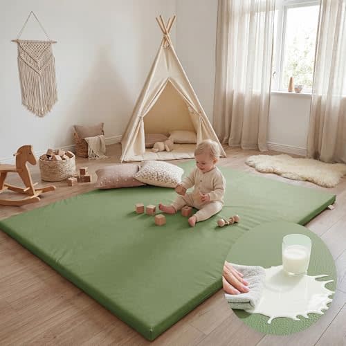 Huloo Sleep Baby Play Mat 65x50 Inches, 1.3" Thick Padded Waterproof Floor Cushion & Playpen Mat with Vegan Leather, Non-Slip & Non-Toxic Nursery Rug for Infants, Toddlers & Kids(Green)