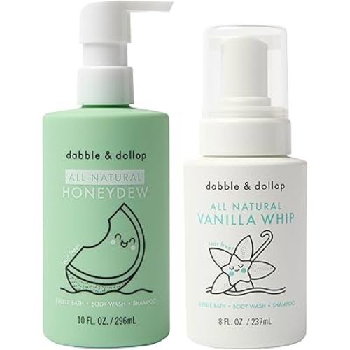 Dabble & Dollop Honeydew Melon + Vanilla Body Wash & Shampoo – 3-in-1 Natural Bubble Bath for Kids, No Parabens or Sulfates, Vegan, Gluten-Free, Tear-Free (2-Pack)