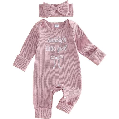 Infant Baby Girl Fall Outfit Sweatshirt Romper Daddy Little Girl Embroidery Jumpsuit Bodysuit Newborn Waffle Clothes