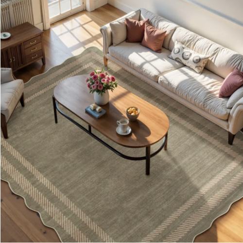 Brise Washable Farmhouse Scalloped Olive Green Rug