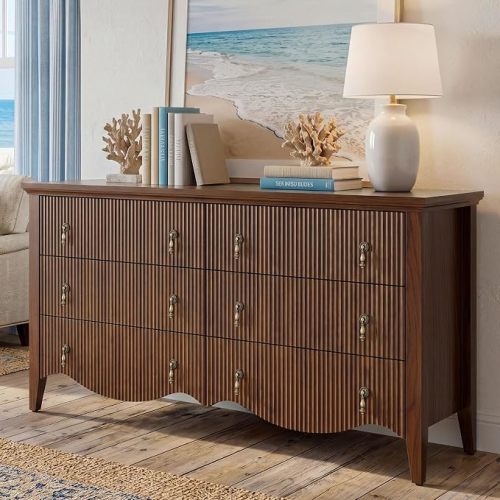 senlin Fluted 6 Drawer Dresser,Vintage Chest of Drawers,Walnut