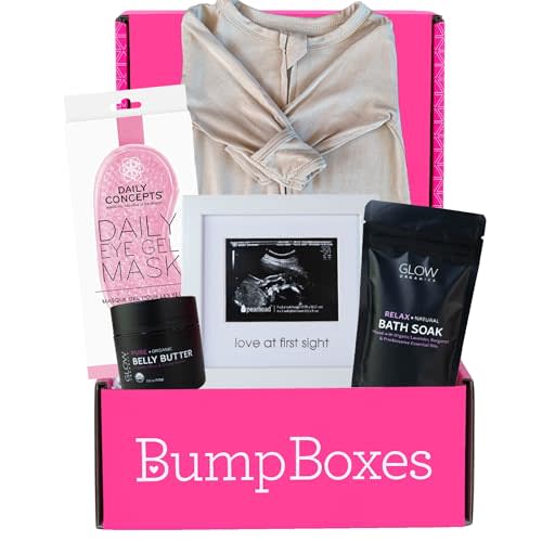 Bump Boxes 2nd Trimester Gift Set, Complete Pregnancy Care Package with Belly Butter, Bath Soak, Baby Footed Sleeper, Sonogram Frame and Eye Mask