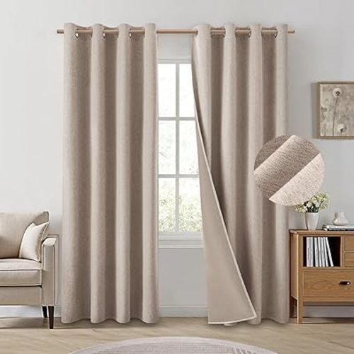 HOMEIDEAS Beige 100% Blackout Curtains 84 Inches Long，Linen Blend Textured Darkening Windows Thermal Insulated Drapes for Living Room, Bedroom, Nursery, 2 Panels, 52 X 84 Inches, Boho Farmhouse Style