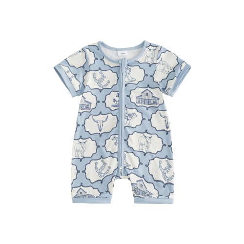 BemeyourBBs Western Baby Spring Summer Fall Clothes Newborn Baby Boy Girl Cowboy Cowgirl Outfit Romper Horse Print Short Sleeve Zip-up Full Length Jumpsuit