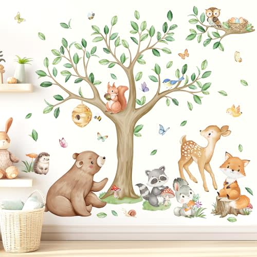 wondever Woodland Animal Tree Wall Stickers Bear Deer Fox Owl Peel and Stick Wall Art Decals for Baby Nursery Kids Bedroom Living Room