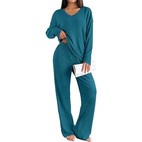 Conjuntos de descanso de punto acanalado Ekouaer para mujer, pijamas de manga larga de 2 piezas, ropa casual de descanso con bolsillos