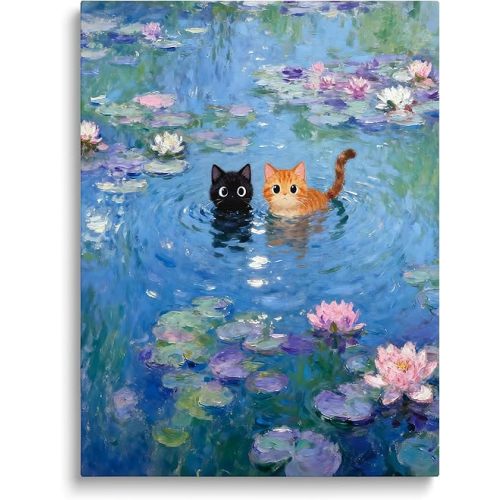 TimAsh Monet Water Lilies with Cat Wall Art, Framed Vintage Canvas Decor Playful Black Cat & Orange Cat Print for Living Room Bedroom Bathroom and Office 10L x 8W