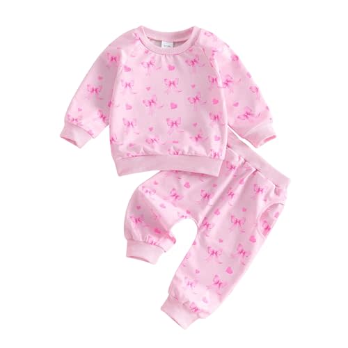 Kuriozud Toddler Baby Girl Outfit Clothes Fall Winter Bows Hearts Long Sleeve Sweatshirt Pullover Top and Pants Set