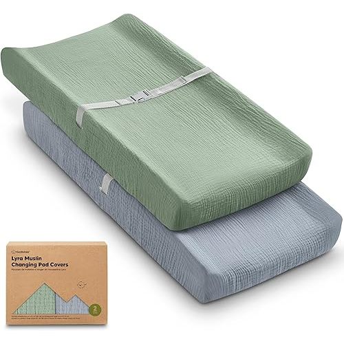 2-Pack Muslin Diaper Changing Pad Covers Boy, Girl – Soft Breathable Muslin Cotton Changing Table Cover, Organic Baby Changing Pad Sheets, Contoured Change Pads Liners Washable 32 x 16 (Slate)