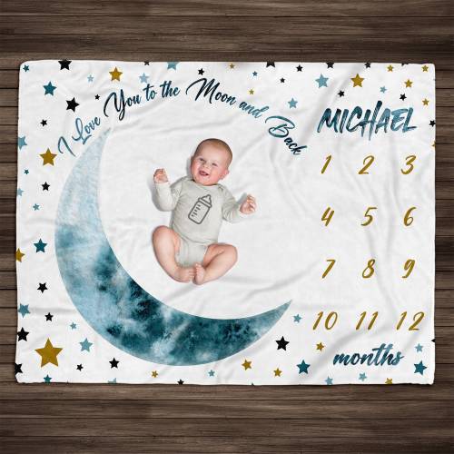 Personalized Moon & Stars Baby Milestone Blanket: Navy Blue Nursery Photo Prop