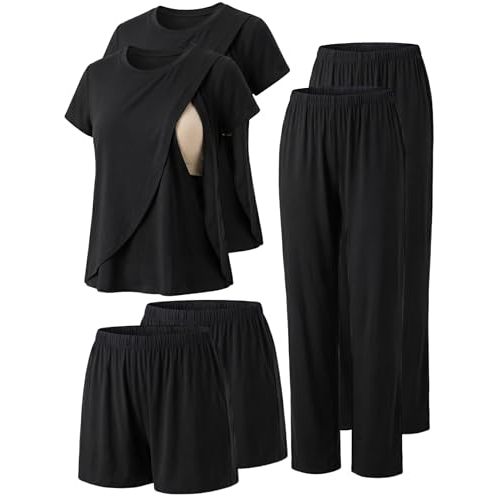 Winvote 6 PCS Maternity Pajamas Nursing 2 Set Postpartum Breastfeeding Short Sleeve Shirts, Pregnancy Shorts & Pants