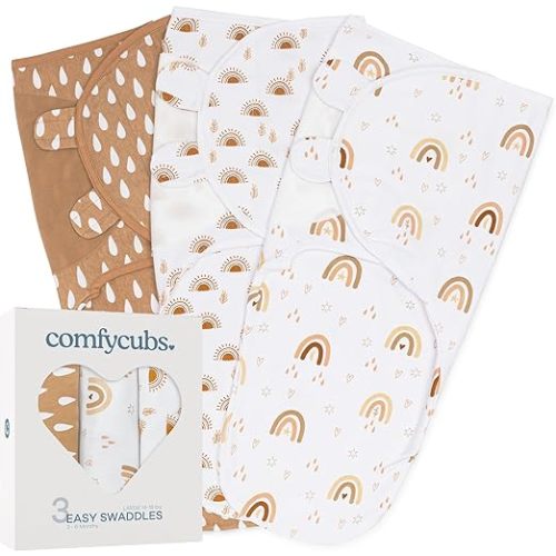 Comfy Cubs Easy Swaddle Blanket, 3 Pack - 100% Cotton Newborn Wrap, Large for 3-6 Months Infants, with Adjustable Velcro, Breathable and Durable Sleep Sack for Babies - Rainbow Bohemian