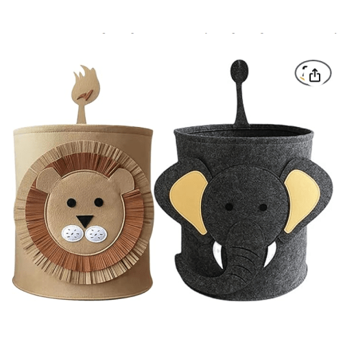 WEI LONG Cute Foldable Felt Laundry,Nursery Hamper Laundry Basket,Storage Baskets for Kids Boys and Girls,Office,Bedroom,Clothes,Toys(Lion&Elephant)