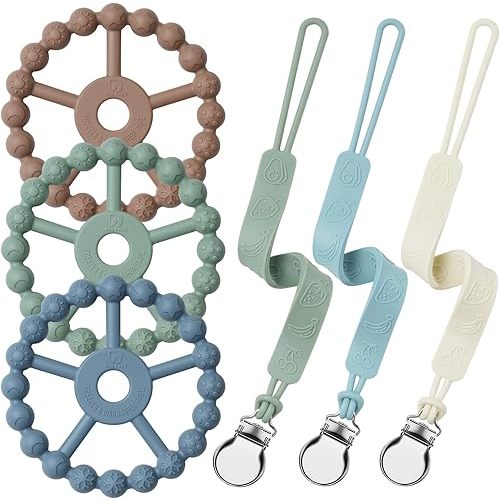Silicone Ring Teether and Pacifier Clip, Seposeve Pack of 3 Baby Pacifier Teether Clip for Babies 0-6 Months, Teething Ring Toys, Keeps Teethers Clean, 6-24 Months