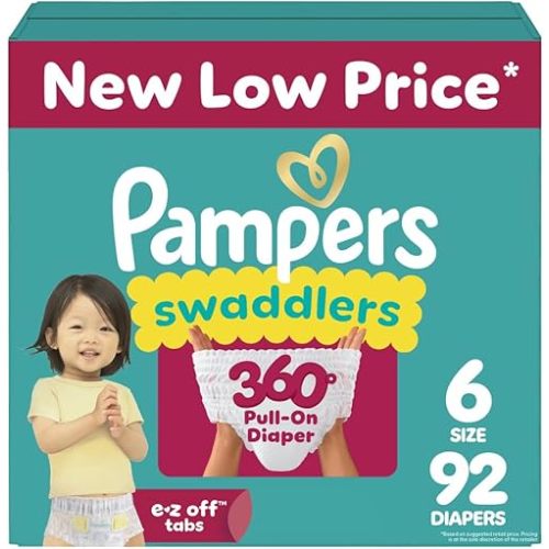 Pampers Diapers - Swaddlers 360° - Size 6, 92 Count, up to 100% Leakproof Comfy Dry Fit, Designed for Easy Changes, Pull On Baby Diaper (Packaging May Vary)