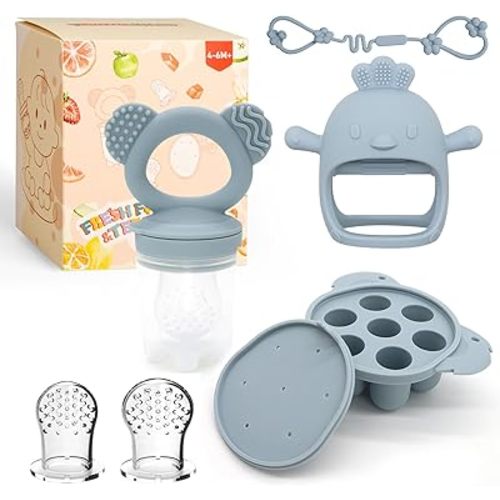 Baby Fruit/Food Feeder with Breastmilk Popsicle Molds & Teether Combo Food Grade Silicon for 6M+ Breastmilk Pops, Frozen Fruit, Baby Teething Relief, Christmas Idea Gift (Blue)