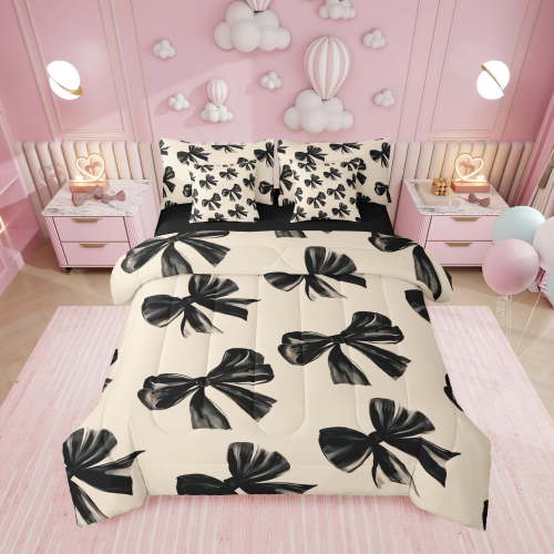 Erosebridal Bow Bed In A Bag With Sheets Black Bow Tie Bedding Set Teen Adults Room Decor,Watercolor Bowknot King Comforter Set 7 Piece Black White Simple Decor Sheet Set With Comforter