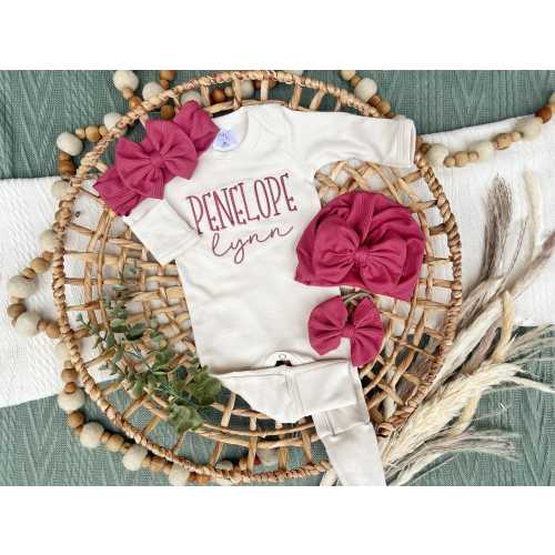 Personalized newborn coming home outfit for baby girl, Custom baby footie, natural