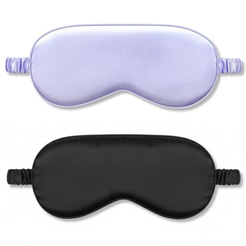 2Pack Silk Sleep Mask,IEKEODI Eye Mask for Sleeping,Elastic Blackout Eye Mask & Blindfold for Full Night's Sleep,Travel and Nap(Black+Purple)
