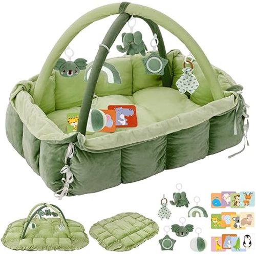 5-in-1 Plush Baby Play Gym, Baby Play Mats, Convertible Baby Gym, Tummy time mat, 6 Sensory Toys, Activity Center, Ball Pit, Classic Green