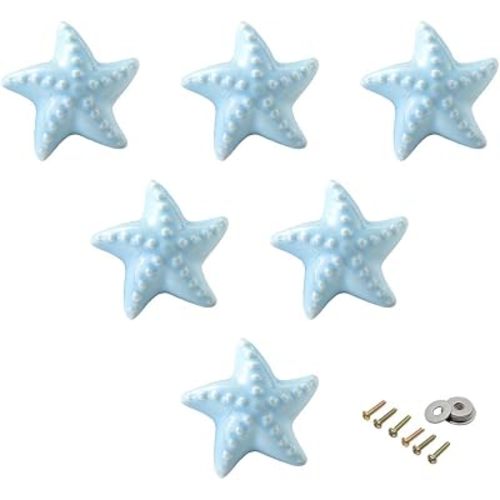 Ceramic Cabinet Handles Dresser Knobs Drawer Pulls for Kid's Room Door Handles Cupboard Knobs Lovely Starfish Shape 6 Pack Blue
