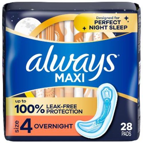 Always Maxi Pads Overnight Absorbency Unscented without Wings - Size 4 - 28ct