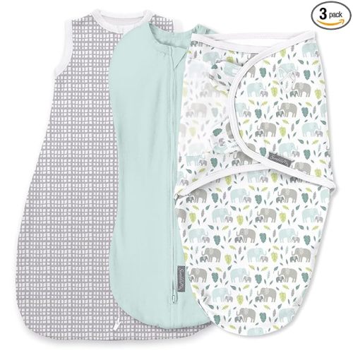 SwaddleMe by Ingenuity Comfort Pack Baby Swaddle Set, Size 0-3 Months, 5-14 Pounds, SwaddleMe Pod, Original Swaddle, Night Sack, 3pk - Baby Elephant