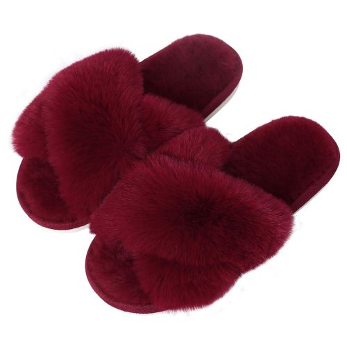 Evshine Women's Fuzzy Slippers Cross Band Memory Foam House Slippers Open Toe