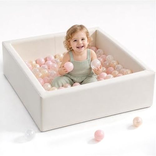 Leather Foam Ball Pit for Toddlers: Waterproof Baby Ball Pit with Soft Memory Foam - Large Soft-Play Set for Baby Playpen Indoor Outdoor Games - Ideal Gifts Toys for Boys Girls (Rectangle Ivory)
