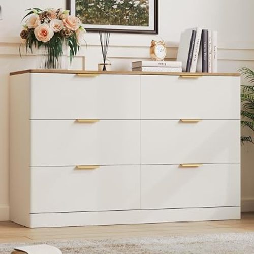 6 Drawer Dresser for Bedroom, 47.2" Wide Modern Chest of Drawers with Curved Profile Design, Large Wood Dresser TV Stand with Metal Handles for Bedroom, Living Room, Hallway, White & Brown