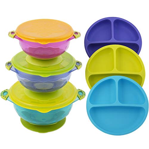 EVLA'S Silicone Plates & Baby Bowls Set, Suction Bowls with Lids and Divided Plates, Unbreakable, Easy-to-Clean Feeding Set for Growing Babies and Toddlers