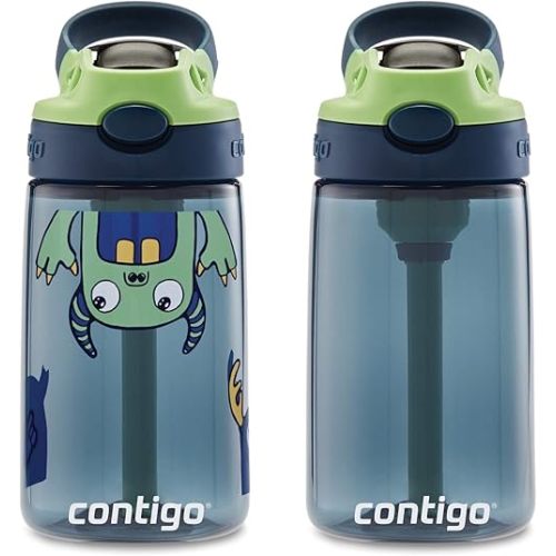 Contigo Aubrey Kids Cleanable Water Bottle with Silicone Straw and Spill-Proof Lid Blueberry & Monsters 14 Ounce 2-Pack